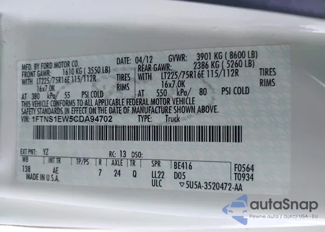 2012 Ford E-150 Commercial z USA, uszkodzony, nr VIN 1FTNS1EW5CDA94702